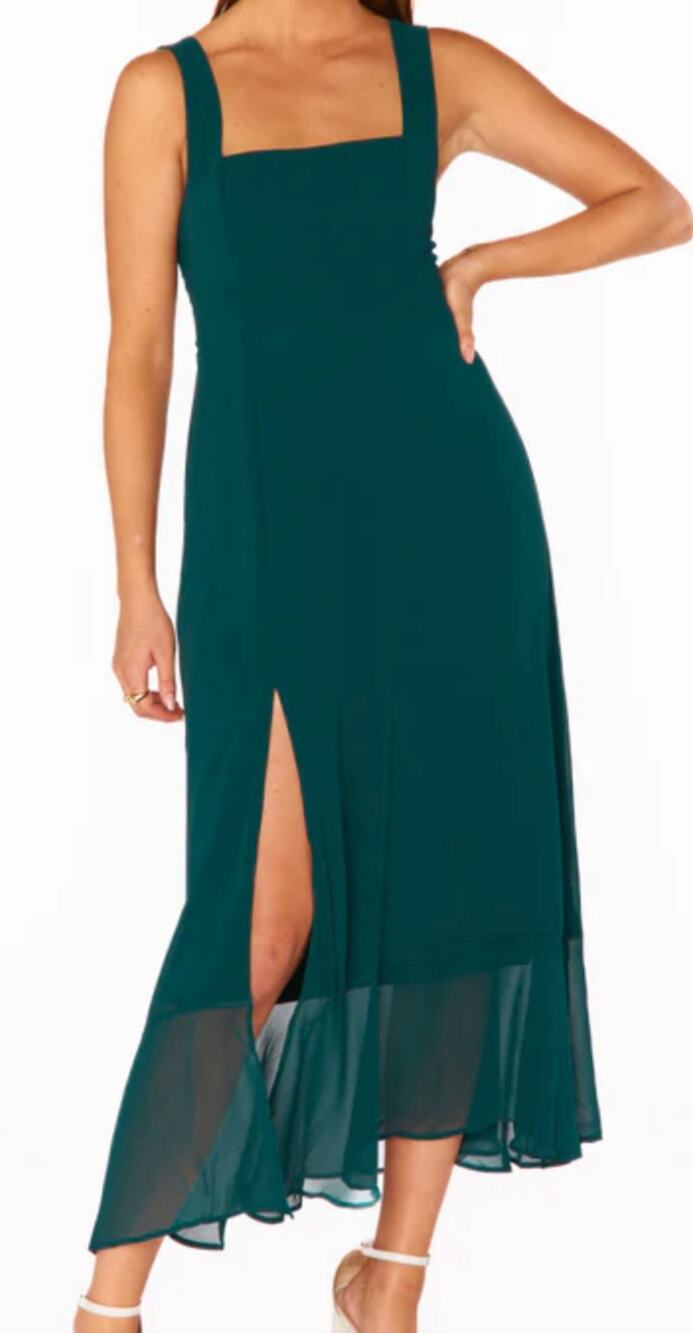 Show me your Mumu Claire Midi Chiffon emerald green formal dress XS NWT $198